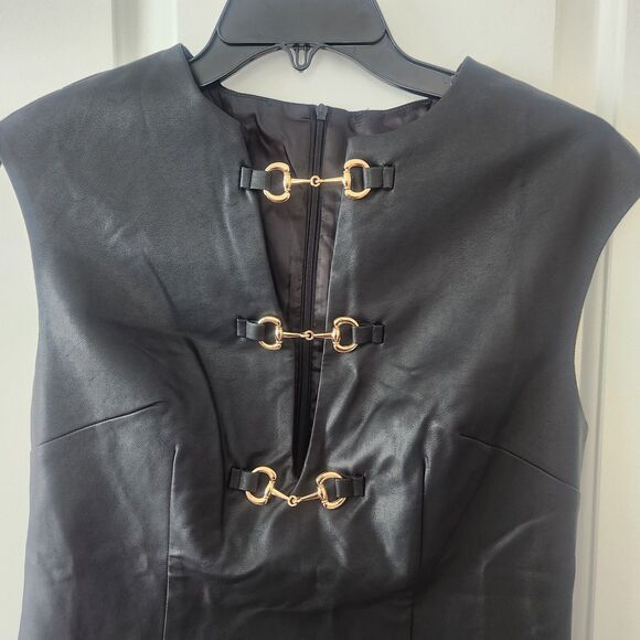 NWT COMMENSE Faux Leather Buckle Mini Dress Sleeveless V Neck Party Club Black M - Picture 4 of 11